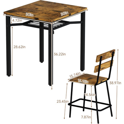 AWQM 3 Piece Bar Table and Chairs Set, Counter Height Small Dining Table with 2 Bar Stools, Farmhouse Square Kitchen Table with Storage for Bistro, Pub, Small Space