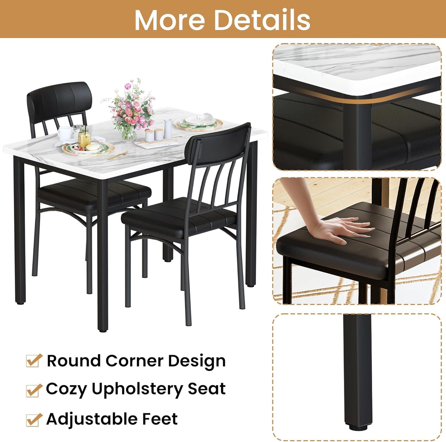 AWQM 3 Piece Dining Table Set for 2, Small Industrial Kitchen Table and 2 Chairs, Kitchen Breakfast Dining Table Set, Breakfast Table Set for Dining Room, Living Room, Apartment, Small Space