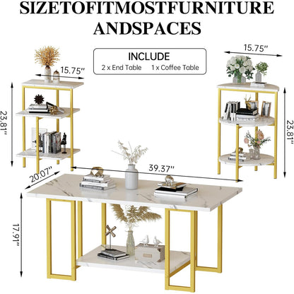 AWQM Faux Marble Table Set,Coffee Table & 2 Side Table, Faux Marble Tabletop and Metal Frame, 3 Piece Table Sets, for Living Room Apartment