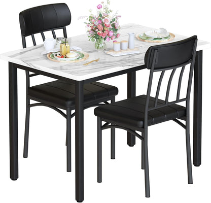 AWQM 3 Piece Dining Table Set for 2, Small Industrial Kitchen Table and 2 Chairs, Kitchen Breakfast Dining Table Set, Breakfast Table Set for Dining Room, Living Room, Apartment, Small Space