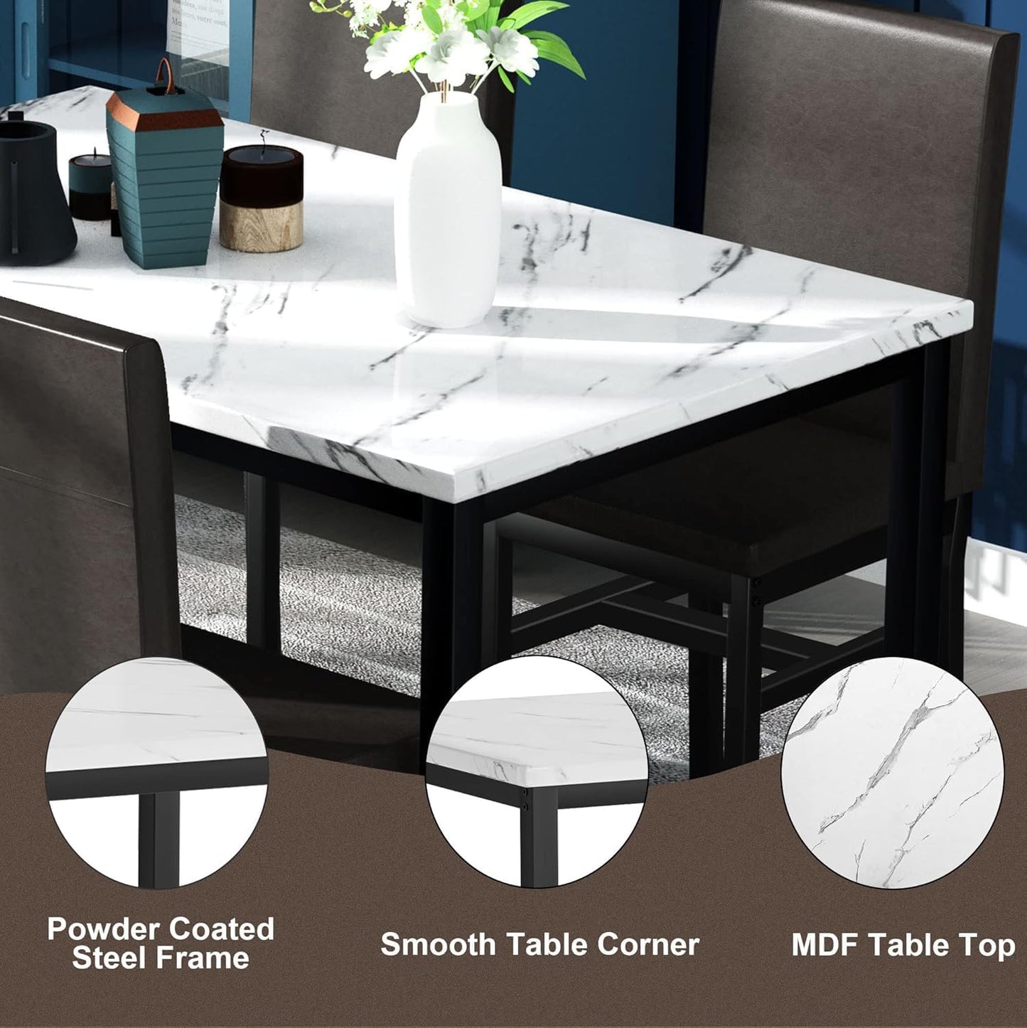 AWQM Modern Kitchen Marble Dining Table Set for 4