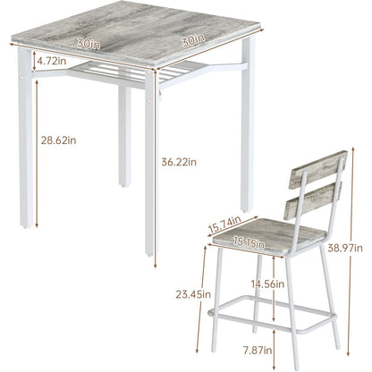 AWQM 3 Piece Bar Table and Chairs Set, Counter Height Small Dining Table with 2 Bar Stools, Farmhouse Square Kitchen Table with Storage for Bistro, Pub, Small Space