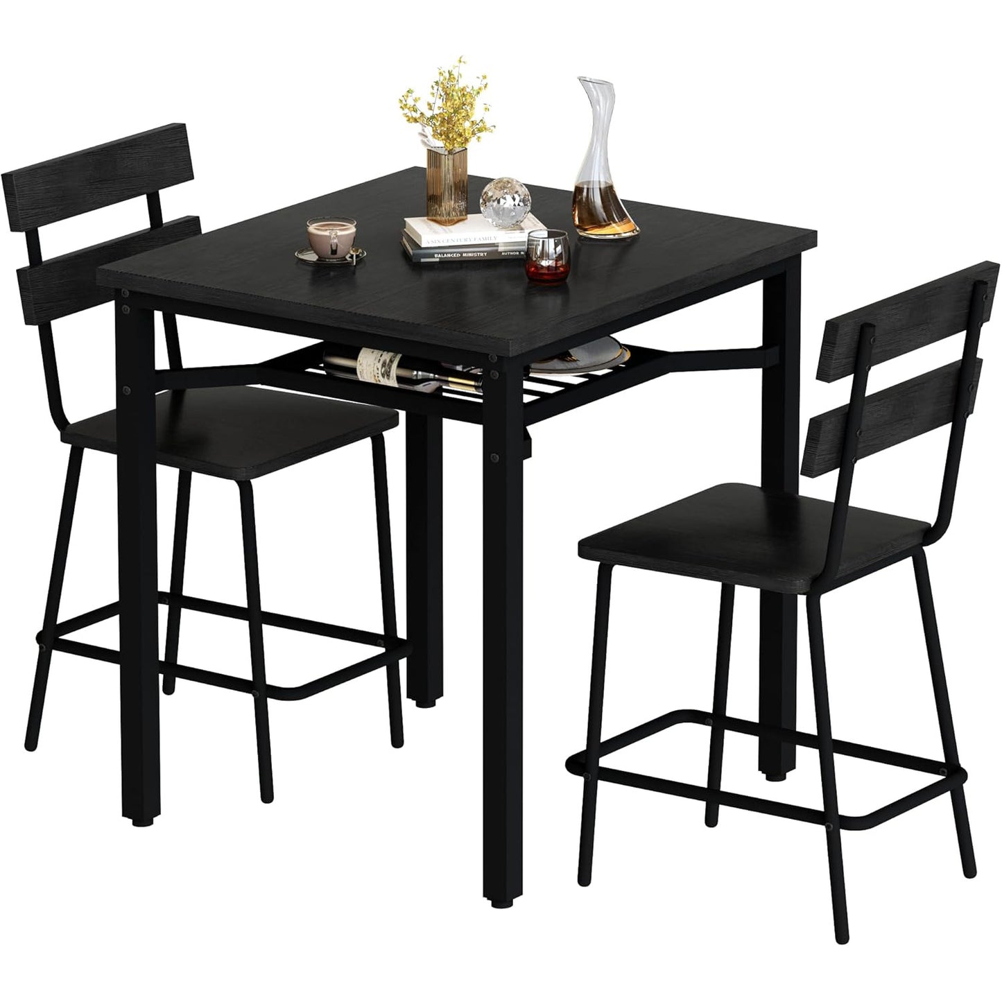 AWQM 3 Piece Bar Table and Chairs Set, Counter Height Small Dining Table with 2 Bar Stools, Farmhouse Square Kitchen Table with Storage for Bistro, Pub, Small Space