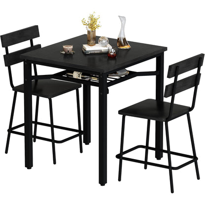AWQM 3 Piece Bar Table and Chairs Set, Counter Height Small Dining Table with 2 Bar Stools, Farmhouse Square Kitchen Table with Storage for Bistro, Pub, Small Space