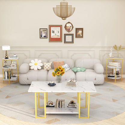 AWQM Faux Marble Table Set,Coffee Table & 2 Side Table, Faux Marble Tabletop and Metal Frame, 3 Piece Table Sets, for Living Room Apartment