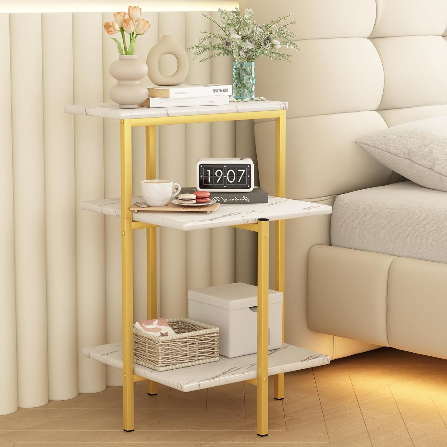 AWQM Marble Side Table, 3 Tier Sofa Side Table, Small Rectangular Coffee Table