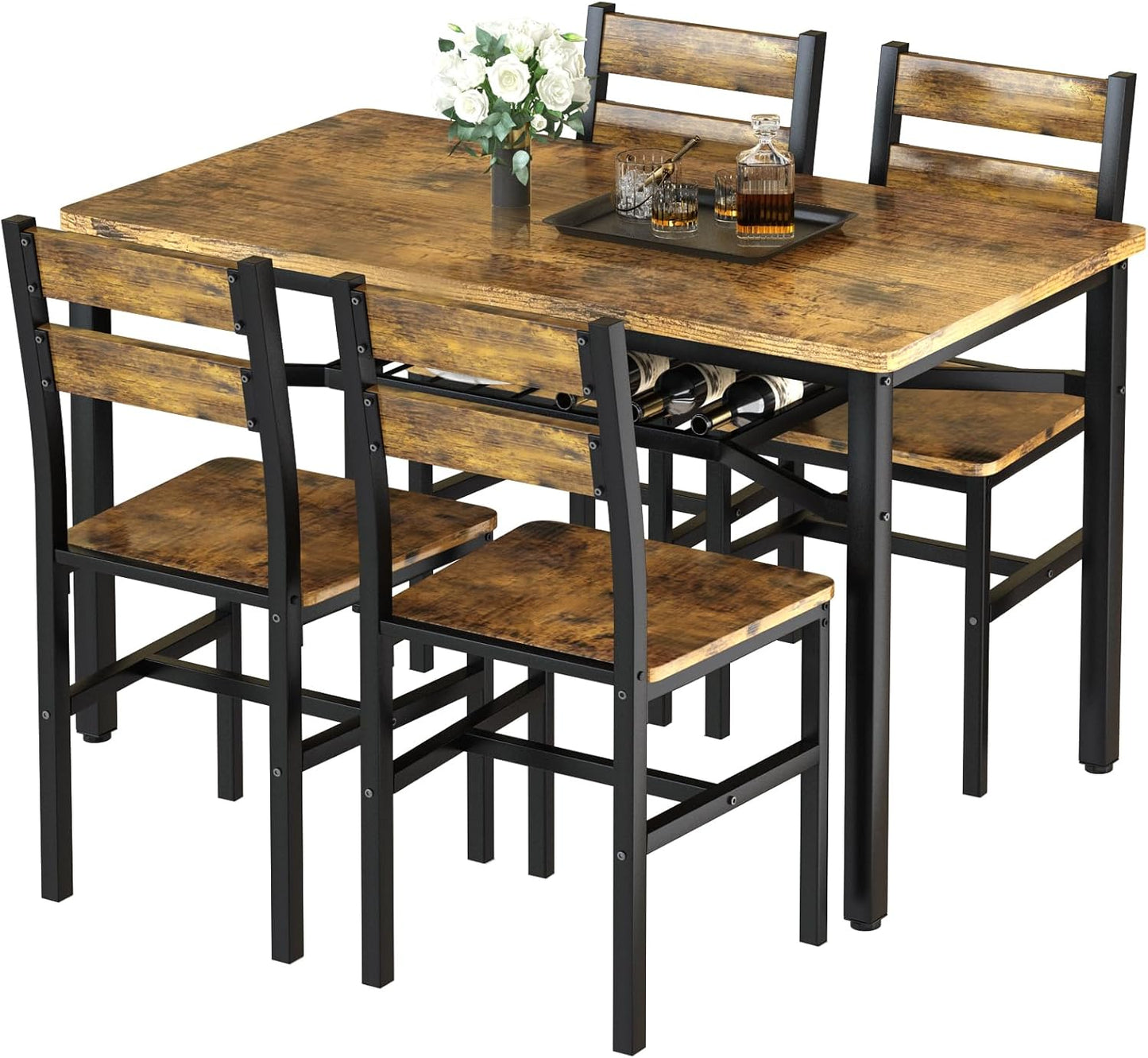 AWQM 5-Piece Dining Set with Storage Chairs, Wood Table and Chairs for 4, Ideal for Apartments, Breakfast Nooks, Small Kitchens, Black