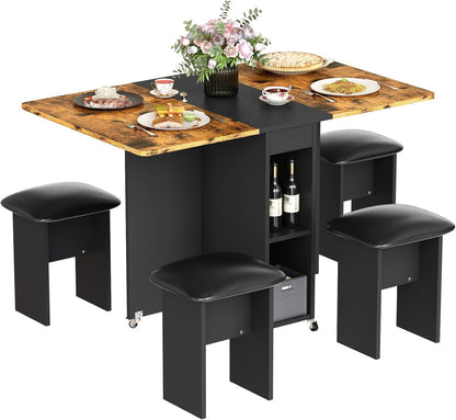 AWQM Folding Dining Table Set for 4, Dinner Table with 4 Leather Chairs and Shelves, Space Saving Foldable Dining Table with 6 Wheels, Kitchen Table Set for Small Spaces