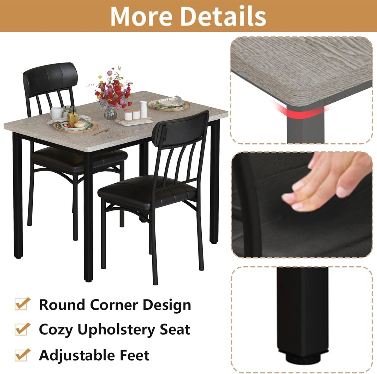 AWQM 3 Piece Dining Table Set for 2, Small Industrial Kitchen Table and 2 Chairs, Kitchen Breakfast Dining Table Set, Breakfast Table Set for Dining Room, Living Room, Apartment, Small Space