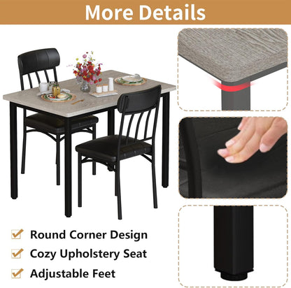 AWQM 3 Piece Dining Table Set for 2, Small Industrial Kitchen Table and 2 Chairs, Kitchen Breakfast Dining Table Set, Breakfast Table Set for Dining Room, Living Room, Apartment, Small Space