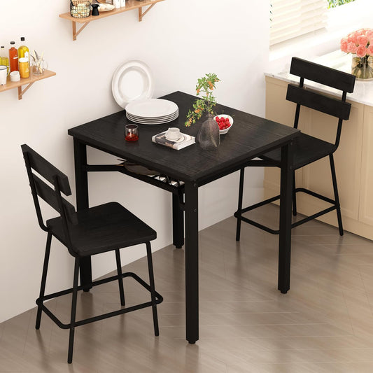 AWQM 3 Piece Bar Table and Chairs Set, Counter Height Small Dining Table with 2 Bar Stools, Farmhouse Square Kitchen Table with Storage for Bistro, Pub, Small Space