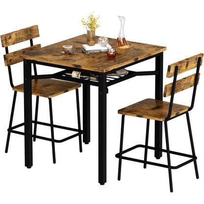 AWQM 3 Piece Bar Table and Chairs Set, Counter Height Small Dining Table with 2 Bar Stools, Farmhouse Square Kitchen Table with Storage for Bistro, Pub, Small Space