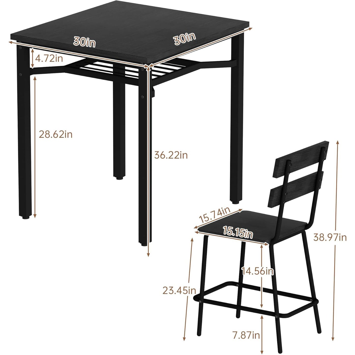 AWQM 3 Piece Bar Table and Chairs Set, Counter Height Small Dining Table with 2 Bar Stools, Farmhouse Square Kitchen Table with Storage for Bistro, Pub, Small Space