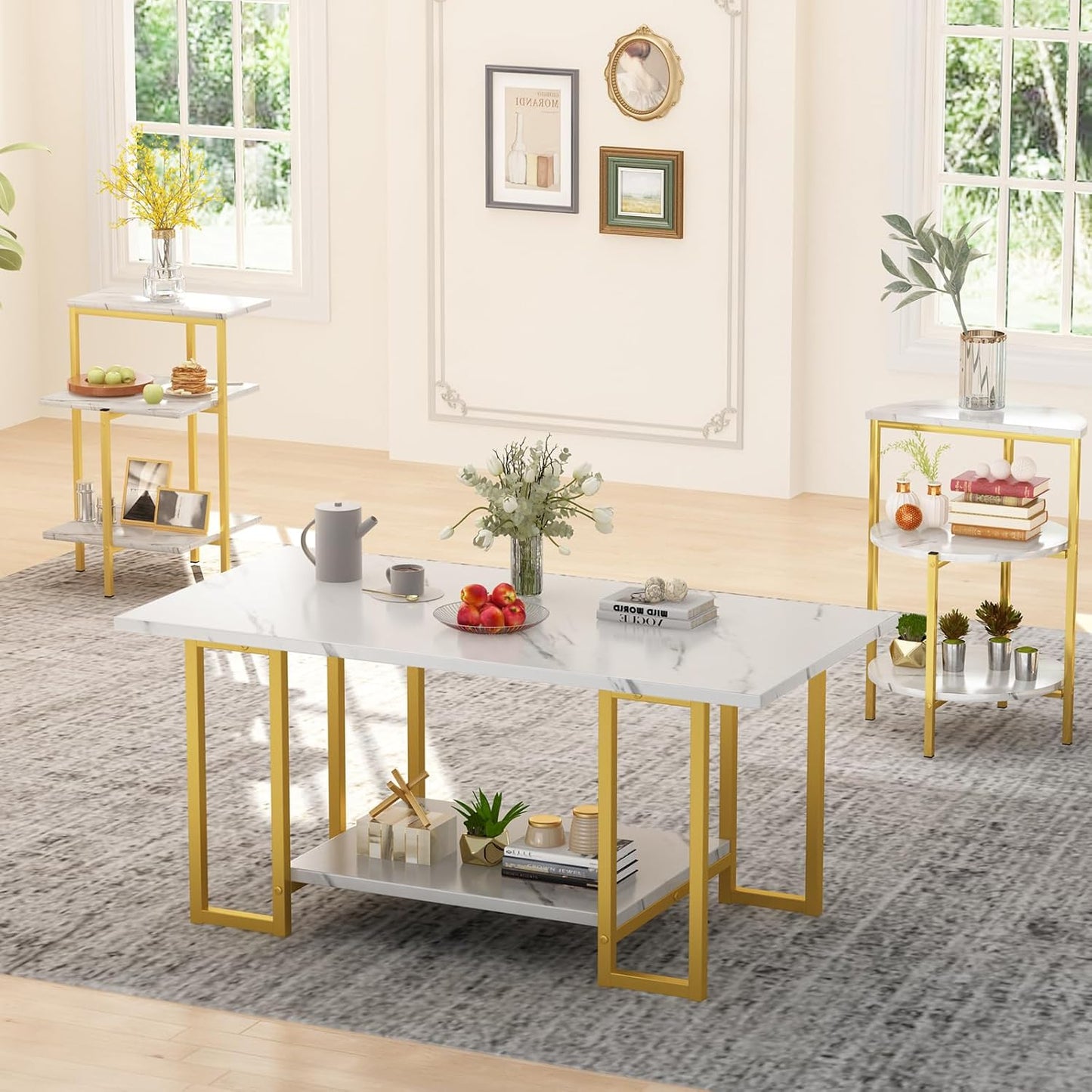 AWQM Faux Marble Table Set,Coffee Table & 2 Side Table, Faux Marble Tabletop and Metal Frame, 3 Piece Table Sets, for Living Room Apartment