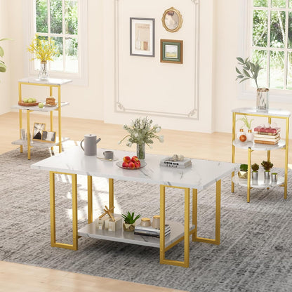 AWQM Faux Marble Table Set,Coffee Table & 2 Side Table, Faux Marble Tabletop and Metal Frame, 3 Piece Table Sets, for Living Room Apartment