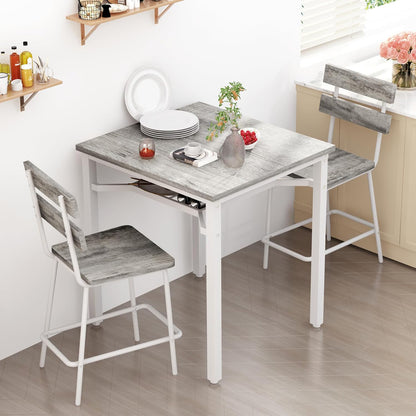 AWQM 3 Piece Bar Table and Chairs Set, Counter Height Small Dining Table with 2 Bar Stools, Farmhouse Square Kitchen Table with Storage for Bistro, Pub, Small Space