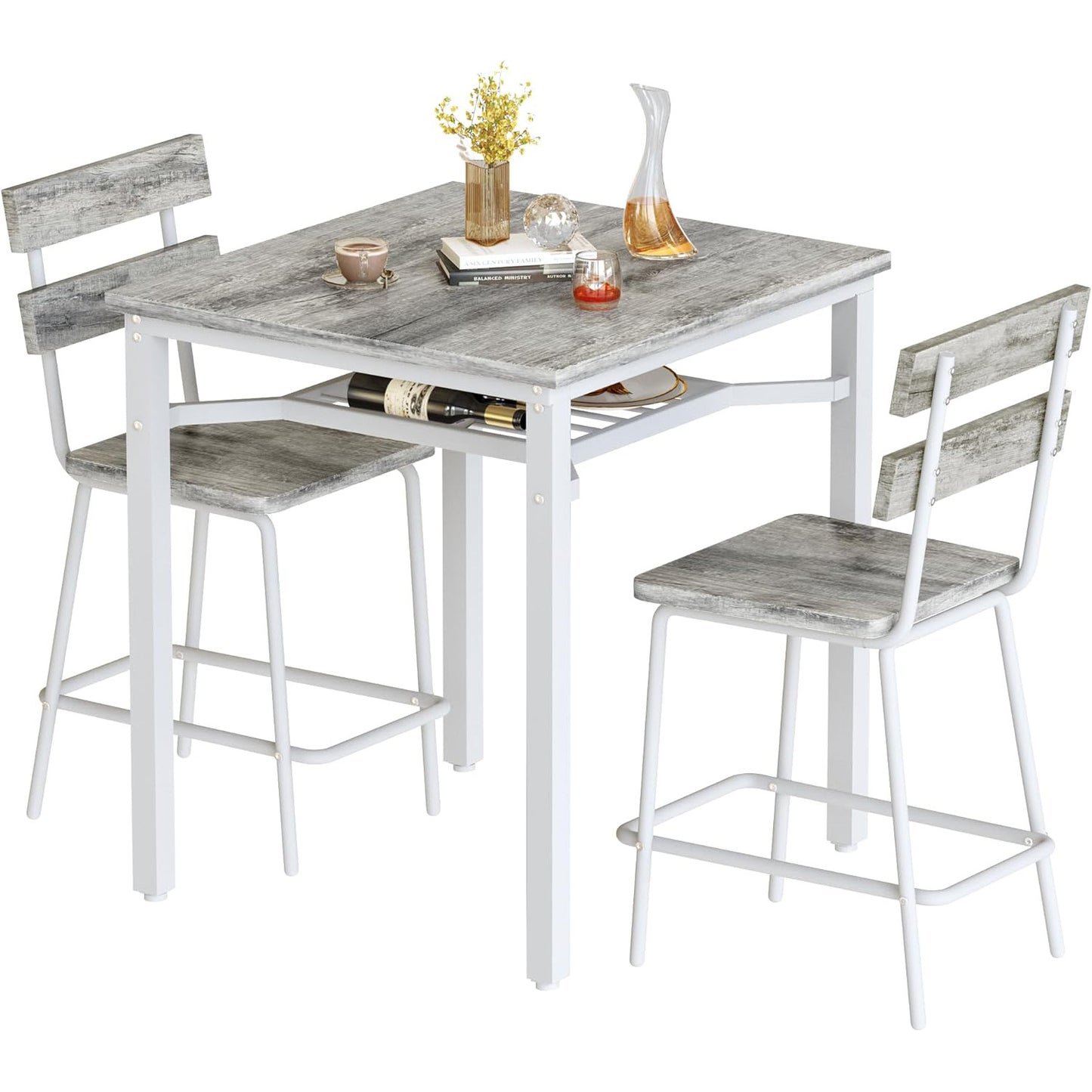 AWQM 3 Piece Bar Table and Chairs Set, Counter Height Small Dining Table with 2 Bar Stools, Farmhouse Square Kitchen Table with Storage for Bistro, Pub, Small Space