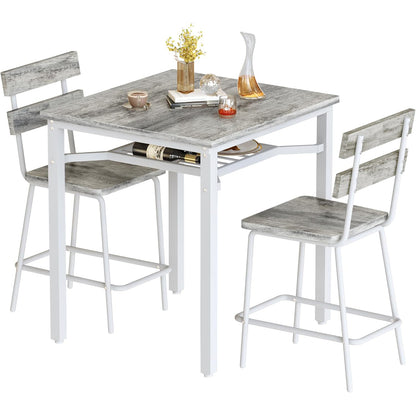 AWQM 3 Piece Bar Table and Chairs Set, Counter Height Small Dining Table with 2 Bar Stools, Farmhouse Square Kitchen Table with Storage for Bistro, Pub, Small Space