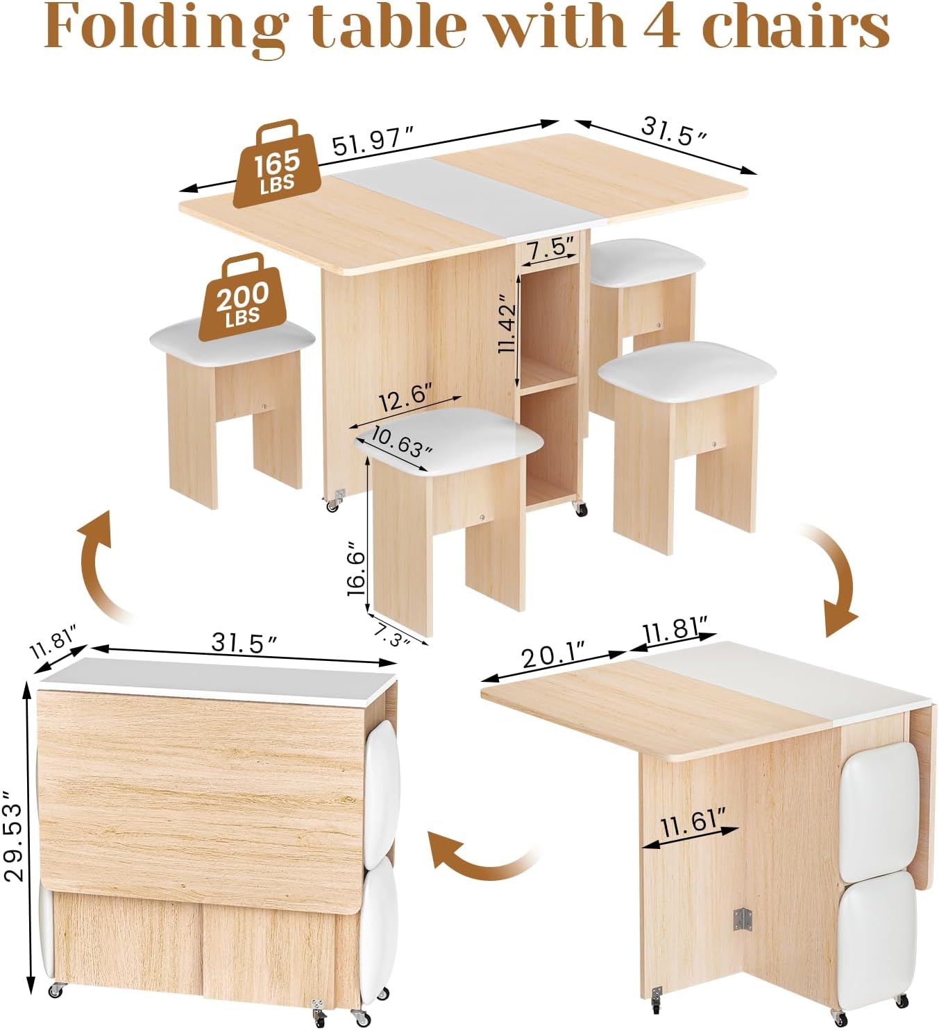 AWQM Folding Dining Table Set for 4, Dinner Table with 4 Leather Chairs and Shelves, Space Saving Foldable Dining Table with 6 Wheels, Kitchen Table Set for Small Spaces