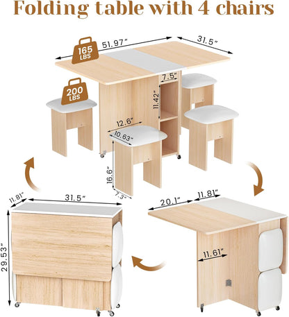 AWQM Folding Dining Table Set for 4, Dinner Table with 4 Leather Chairs and Shelves, Space Saving Foldable Dining Table with 6 Wheels, Kitchen Table Set for Small Spaces
