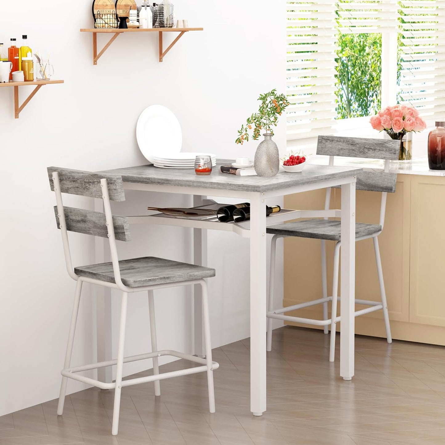 AWQM 3 Piece Bar Table and Chairs Set, Counter Height Small Dining Table with 2 Bar Stools, Farmhouse Square Kitchen Table with Storage for Bistro, Pub, Small Space