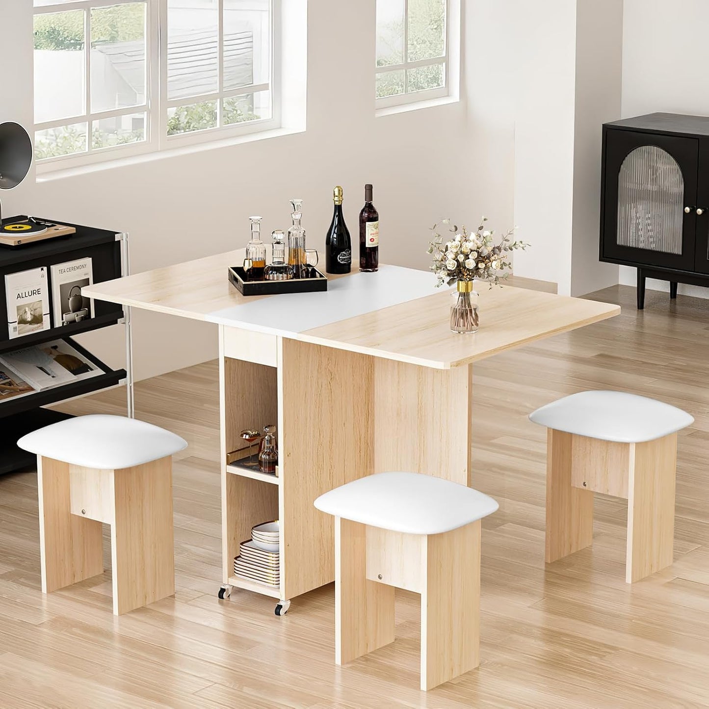 AWQM Folding Dining Table Set for 4, Dinner Table with 4 Leather Chairs and Shelves, Space Saving Foldable Dining Table with 6 Wheels, Kitchen Table Set for Small Spaces