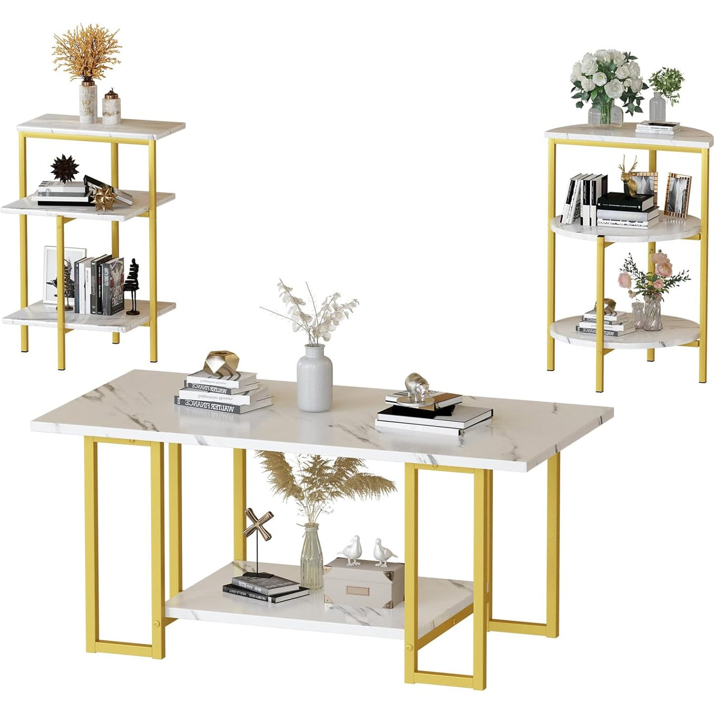 AWQM Faux Marble Table Set,Coffee Table & 2 Side Table, Faux Marble Tabletop and Metal Frame, 3 Piece Table Sets, for Living Room Apartment