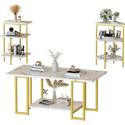 AWQM Faux Marble Table Set,Coffee Table & 2 Side Table, Faux Marble Tabletop and Metal Frame, 3 Piece Table Sets, for Living Room Apartment