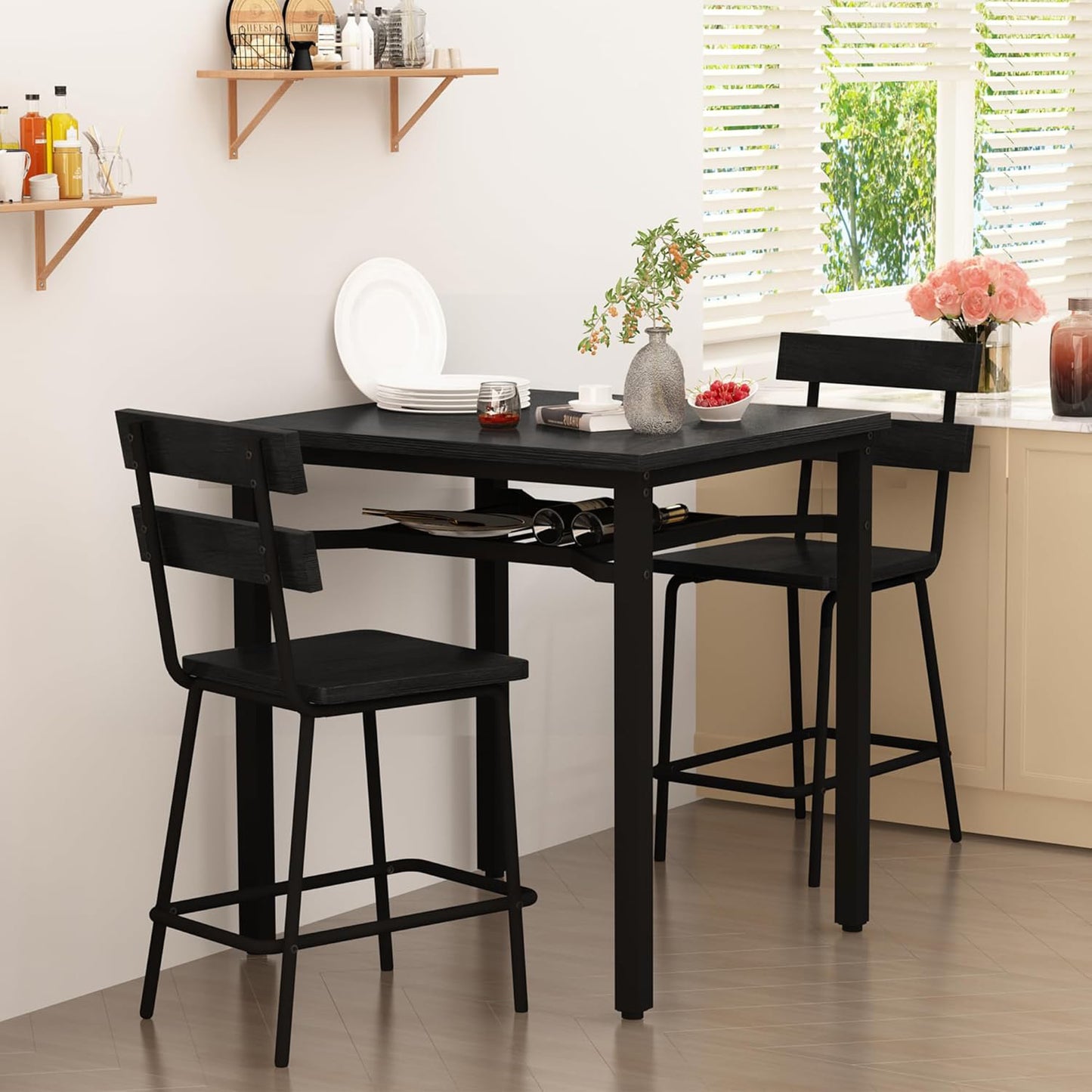 AWQM 3 Piece Bar Table and Chairs Set, Counter Height Small Dining Table with 2 Bar Stools, Farmhouse Square Kitchen Table with Storage for Bistro, Pub, Small Space