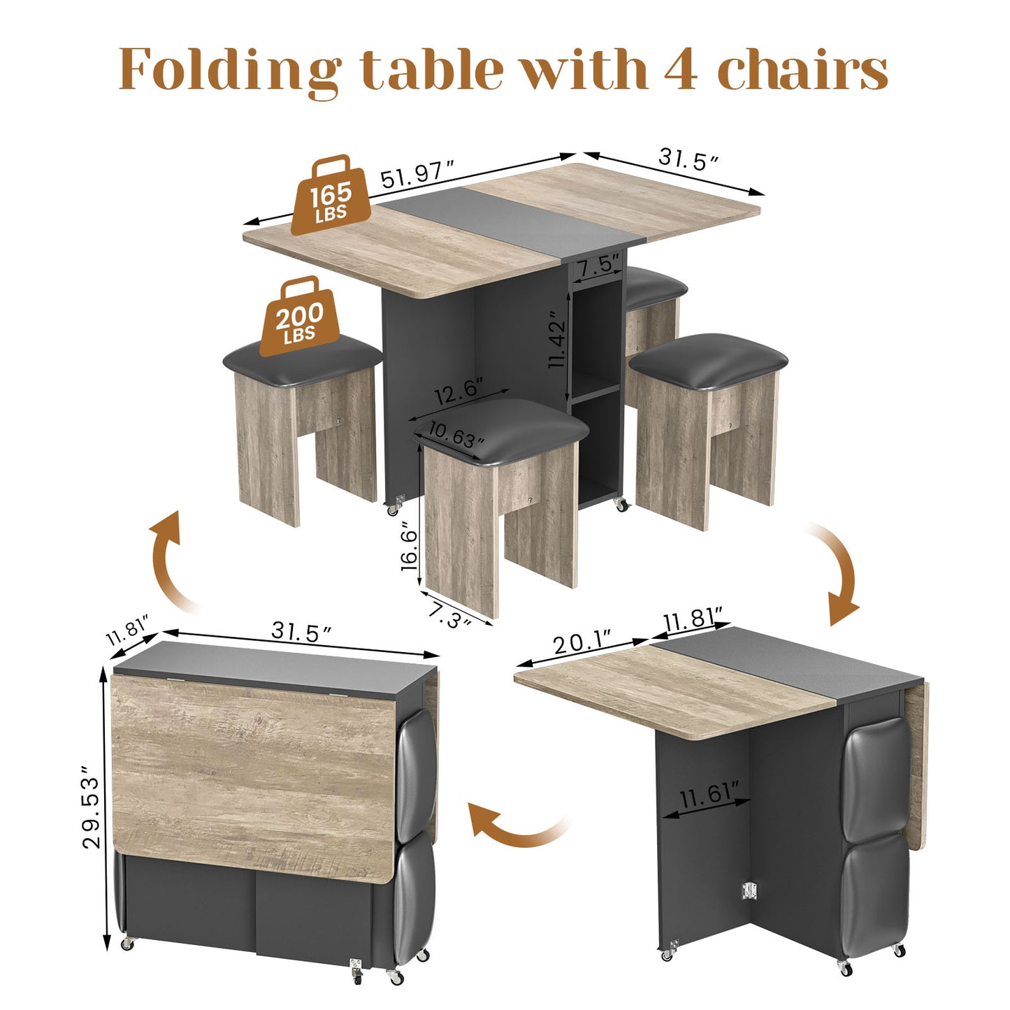 AWQM Folding Dining Table Set for 4, Dinner Table with 4 Leather Chairs and Shelves, Space Saving Foldable Dining Table with 6 Wheels, Kitchen Table Set for Small Spaces
