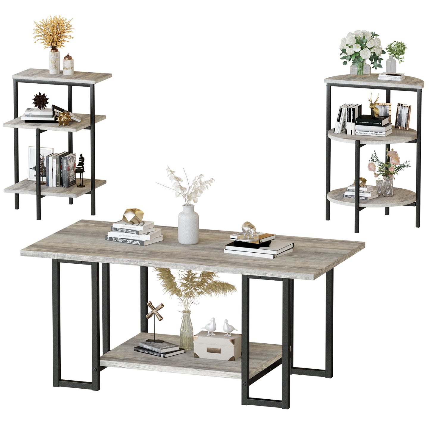 AWQM Faux Marble Table Set,Coffee Table & 2 Side Table, Faux Marble Tabletop and Metal Frame, 3 Piece Table Sets, for Living Room Apartment