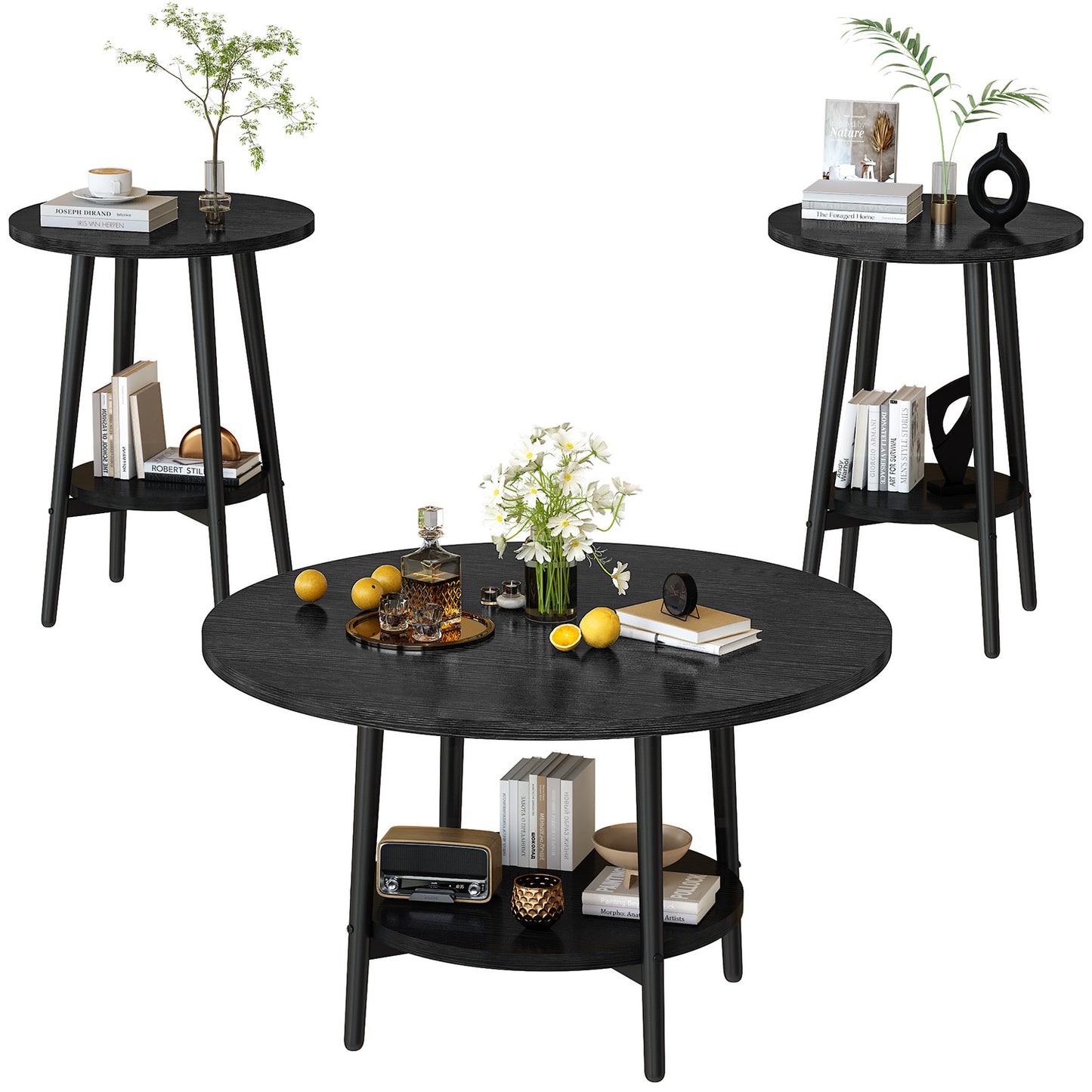 3piece Double Storage Round Coffee Table, Living Room Storage Table, Wood MDF Desktop and Metal Frame, Modern Style, Living Room/Bedroom.