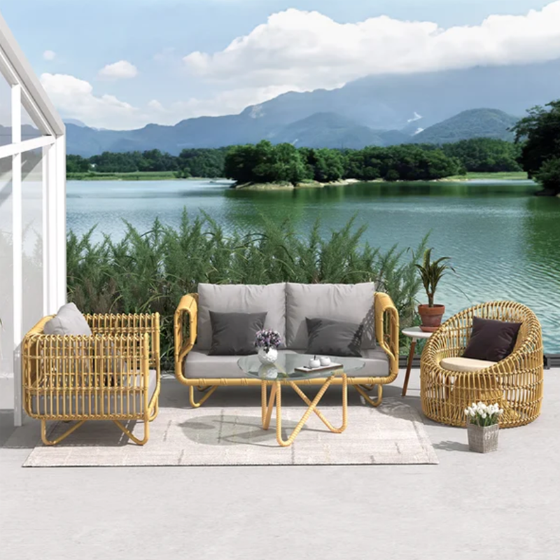 AWQM 4 Persons Pieces Rattan Outdoor Sofa Set with Glass Top Coffee Table and Cushions in Yellow Set of 4