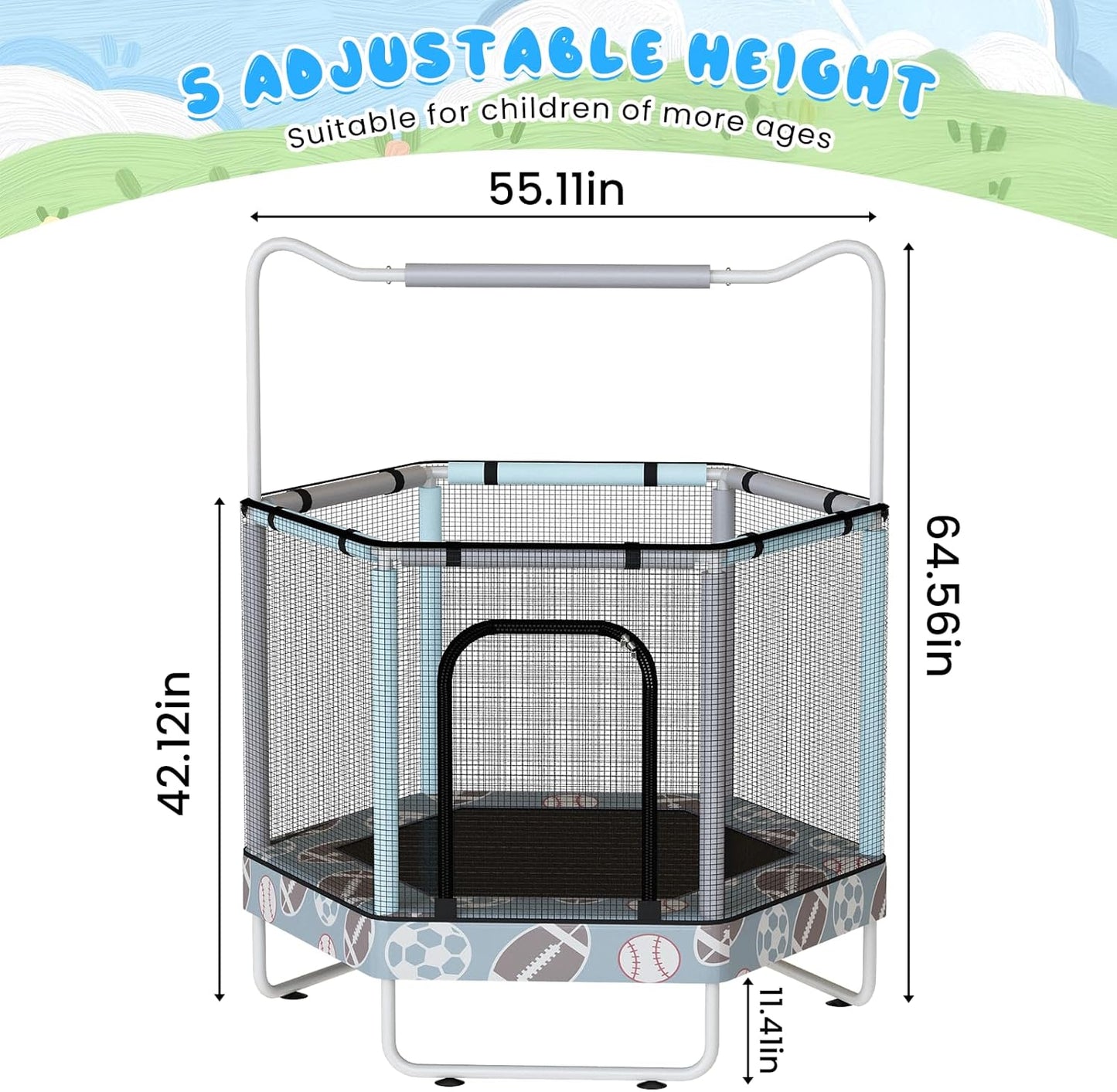 AWQM 55" Hexagon Trampoline, Indoor/Outdoor Trampoline, Safety Enclosure Net and Adjustable Handrail, 500lbs Capacity, 7-in-1
