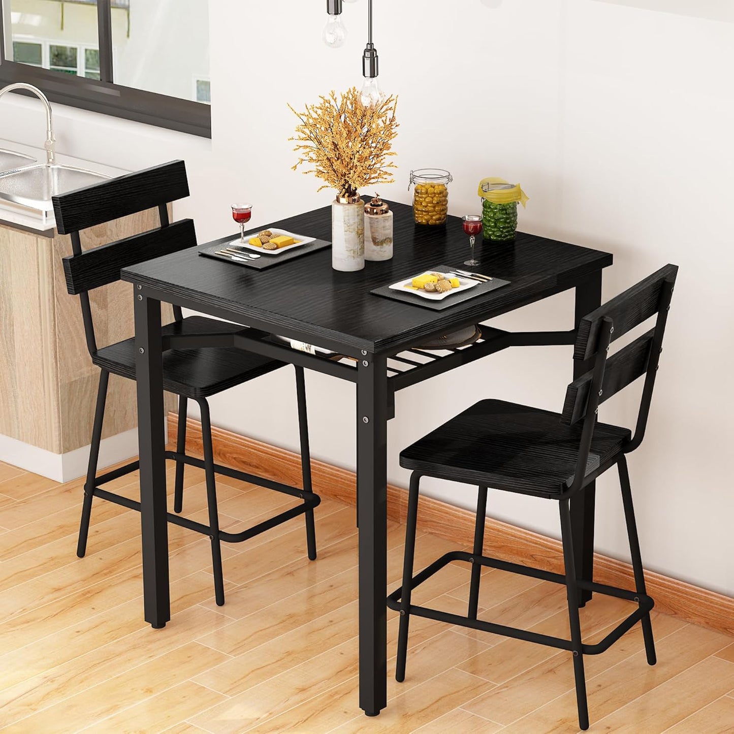 AWQM 3 Piece Bar Table and Chairs Set, Counter Height Small Dining Table with 2 Bar Stools, Farmhouse Square Kitchen Table with Storage for Bistro, Pub, Small Space