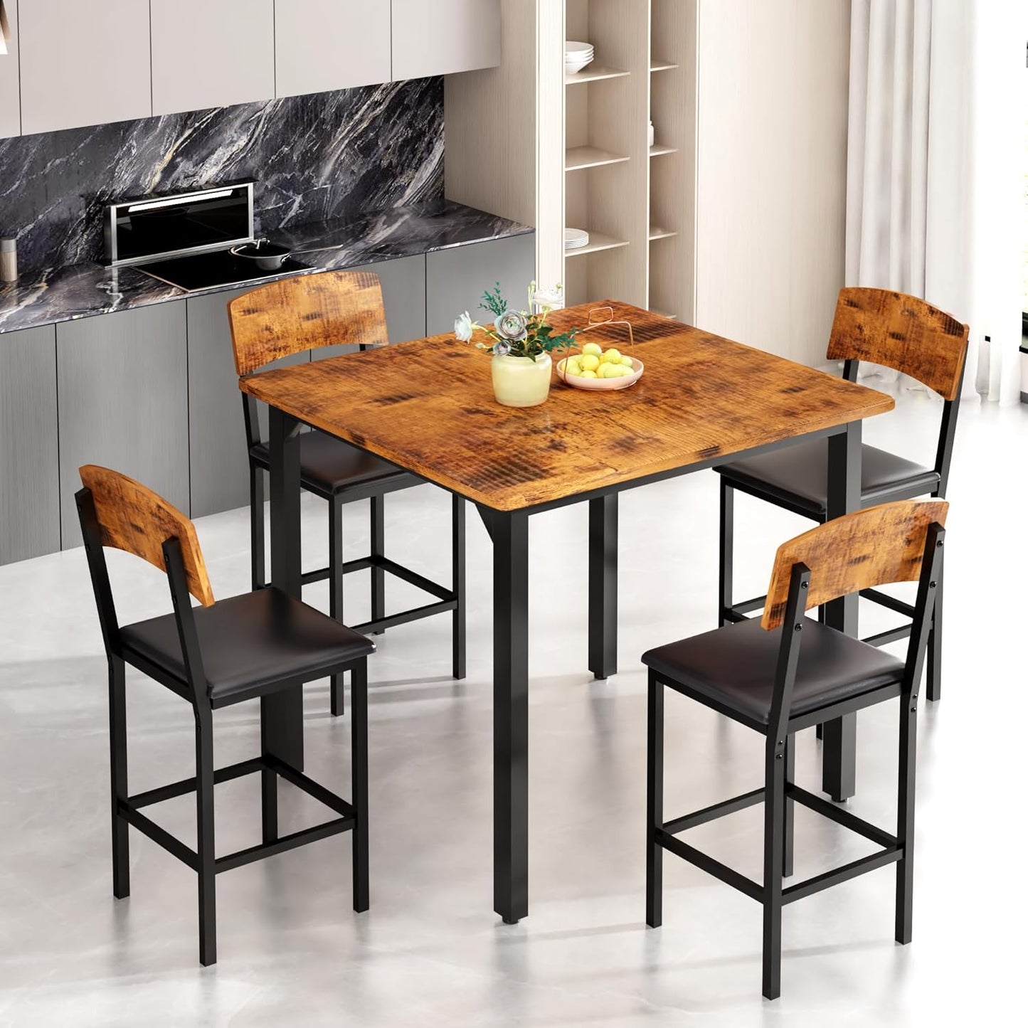 AWQM 5 Piece Dining Table Set, Dining Table Set for 4, Marble Table and 4 Upholstered Leather Chairs, Compact Dining Table Set for Small Spaces, Apartments, Kitchens, Dining Rooms. White