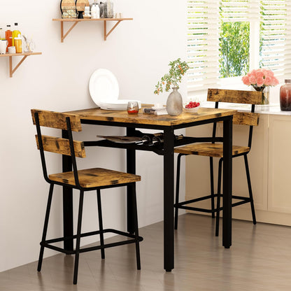 AWQM 3 Piece Bar Table and Chairs Set, Counter Height Small Dining Table with 2 Bar Stools, Farmhouse Square Kitchen Table with Storage for Bistro, Pub, Small Space