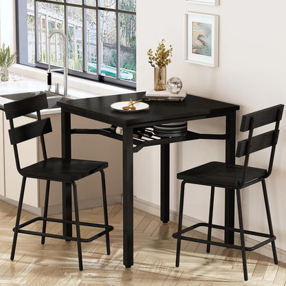 AWQM 3 Piece Bar Table and Chairs Set, Counter Height Small Dining Table with 2 Bar Stools, Farmhouse Square Kitchen Table with Storage for Bistro, Pub, Small Space