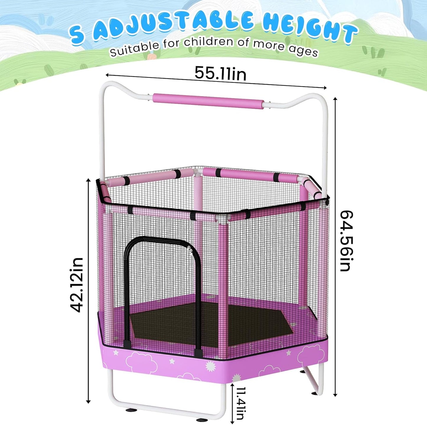 AWQM 55" Hexagon Trampoline, Indoor/Outdoor Trampoline, Safety Enclosure Net and Adjustable Handrail, 500lbs Capacity, 7-in-1