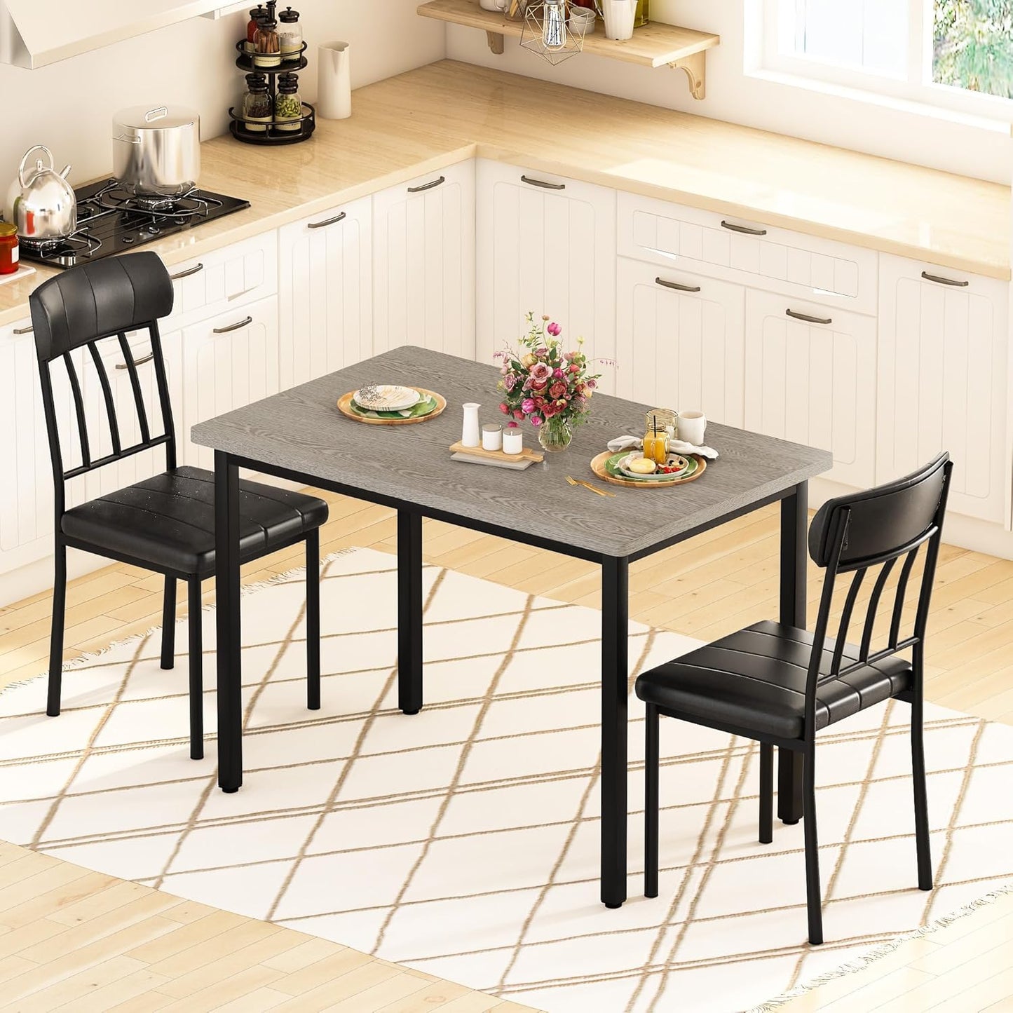 AWQM 3 Piece Dining Table Set for 2, Small Industrial Kitchen Table and 2 Chairs, Kitchen Breakfast Dining Table Set, Breakfast Table Set for Dining Room, Living Room, Apartment, Small Space