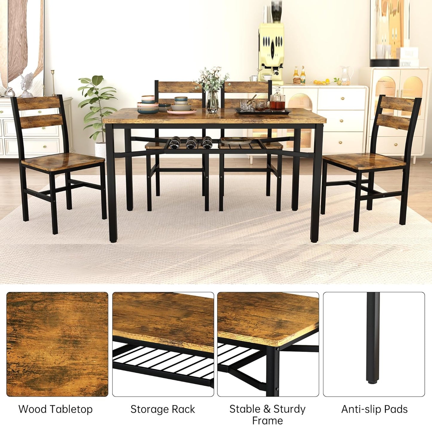 AWQM 5-Piece Dining Set with Storage Chairs, Wood Table and Chairs for 4, Ideal for Apartments, Breakfast Nooks, Small Kitchens, Black