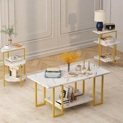 AWQM Faux Marble Table Set,Coffee Table & 2 Side Table, Faux Marble Tabletop and Metal Frame, 3 Piece Table Sets, for Living Room Apartment