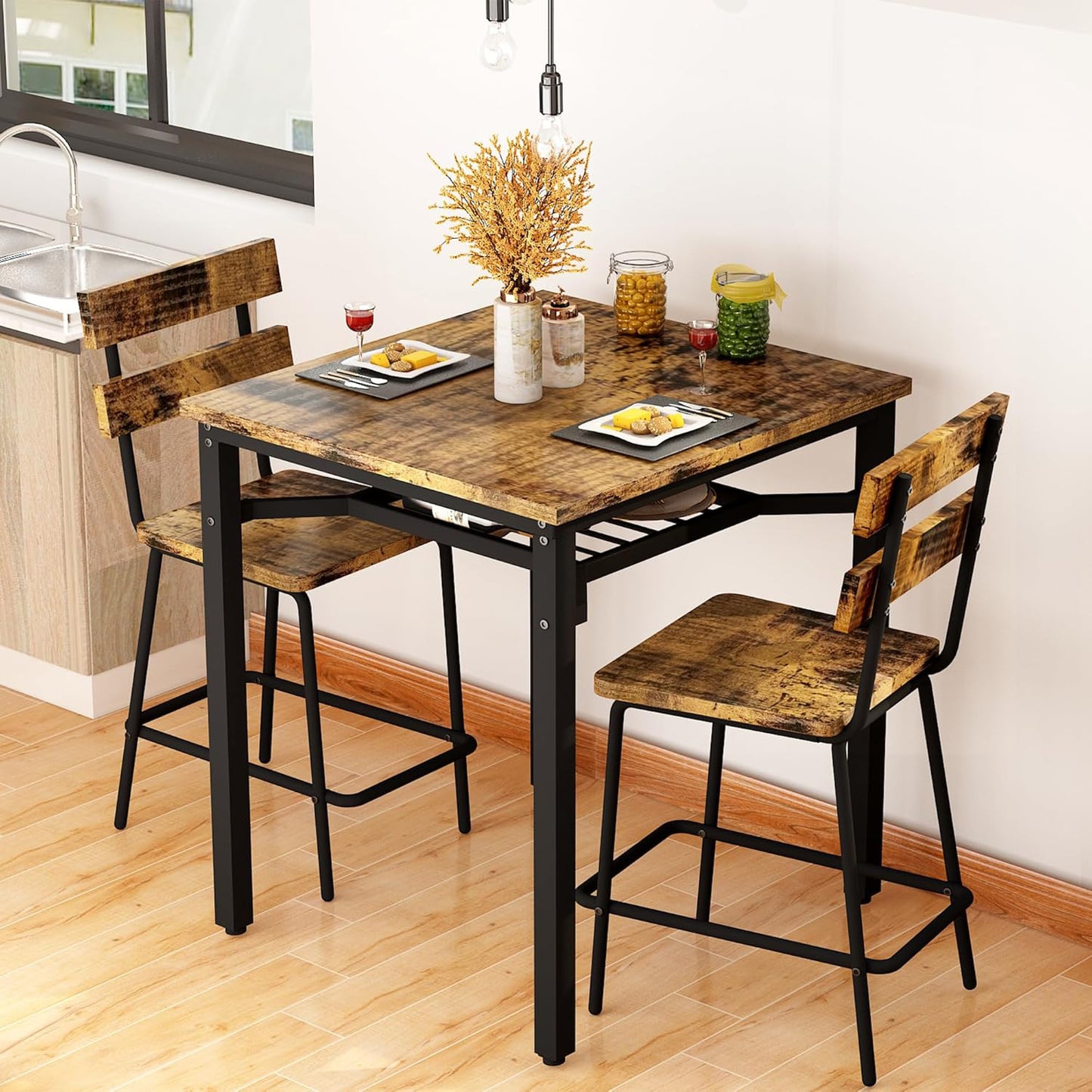 AWQM 3 Piece Bar Table and Chairs Set, Counter Height Small Dining Table with 2 Bar Stools, Farmhouse Square Kitchen Table with Storage for Bistro, Pub, Small Space