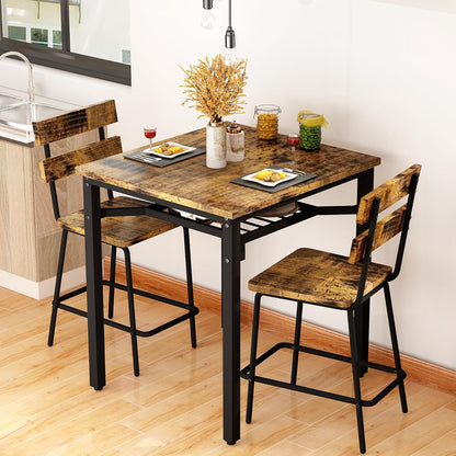 AWQM 3 Piece Bar Table and Chairs Set, Counter Height Small Dining Table with 2 Bar Stools, Farmhouse Square Kitchen Table with Storage for Bistro, Pub, Small Space