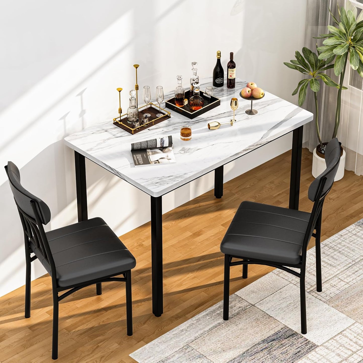 AWQM 3 Piece Dining Table Set for 2, Small Industrial Kitchen Table and 2 Chairs, Kitchen Breakfast Dining Table Set, Breakfast Table Set for Dining Room, Living Room, Apartment, Small Space