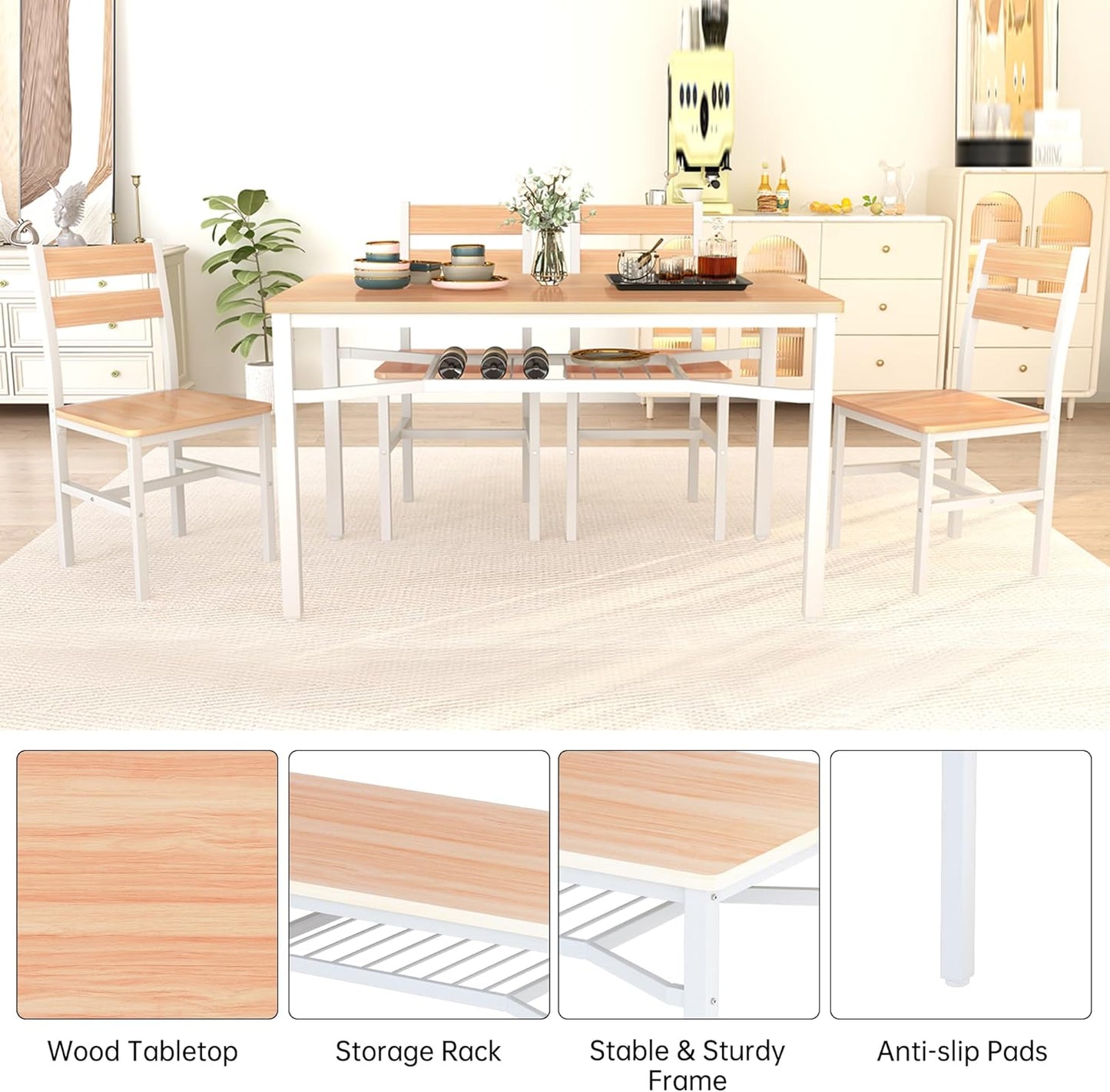 AWQM 5-Piece Dining Set with Storage Chairs, Wood Table and Chairs for 4, Ideal for Apartments, Breakfast Nooks, Small Kitchens, Black