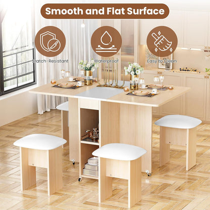 AWQM Folding Dining Table Set for 4, Dinner Table with 4 Leather Chairs and Shelves, Space Saving Foldable Dining Table with 6 Wheels, Kitchen Table Set for Small Spaces