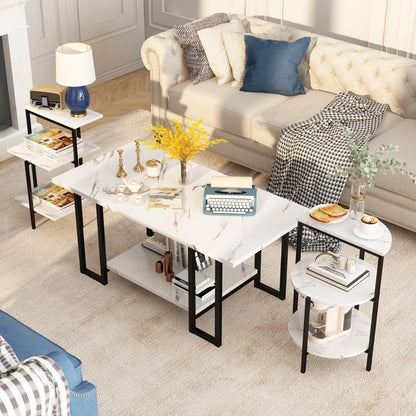 AWQM Faux Marble Table Set,Coffee Table & 2 Side Table, Faux Marble Tabletop and Metal Frame, 3 Piece Table Sets, for Living Room Apartment