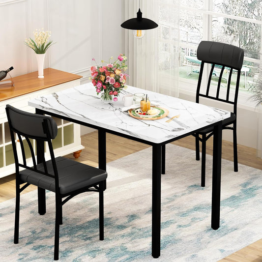AWQM 3 Piece Dining Table Set for 2, Small Industrial Kitchen Table and 2 Chairs, Kitchen Breakfast Dining Table Set, Breakfast Table Set for Dining Room, Living Room, Apartment, Small Space