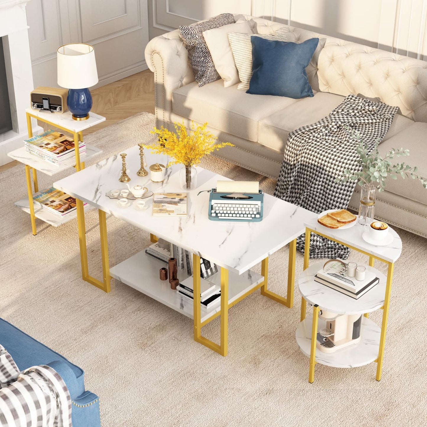 AWQM Faux Marble Table Set,Coffee Table & 2 Side Table, Faux Marble Tabletop and Metal Frame, 3 Piece Table Sets, for Living Room Apartment